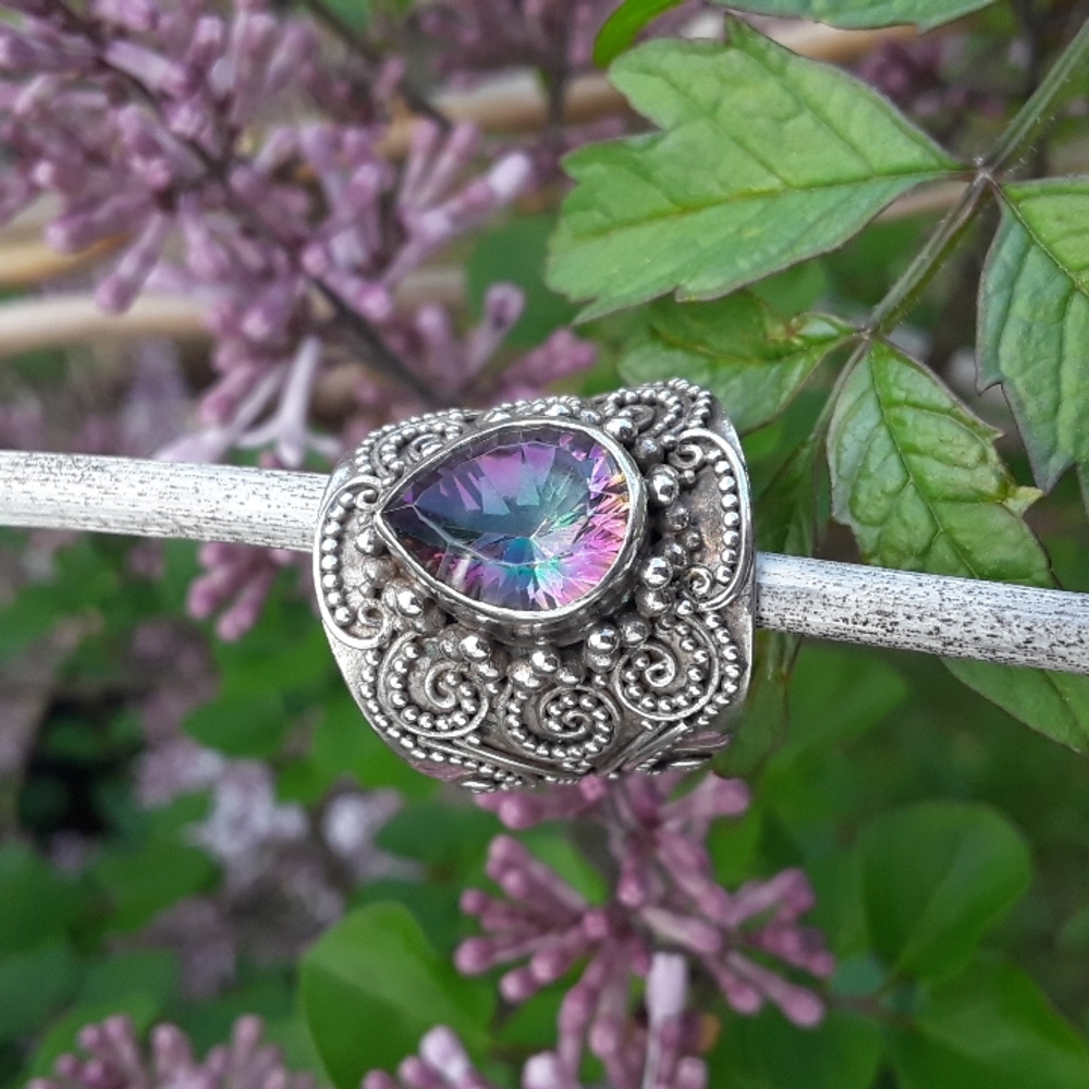 Mystic topaz Bali design Sterling silver teardrop ring sz 5.75